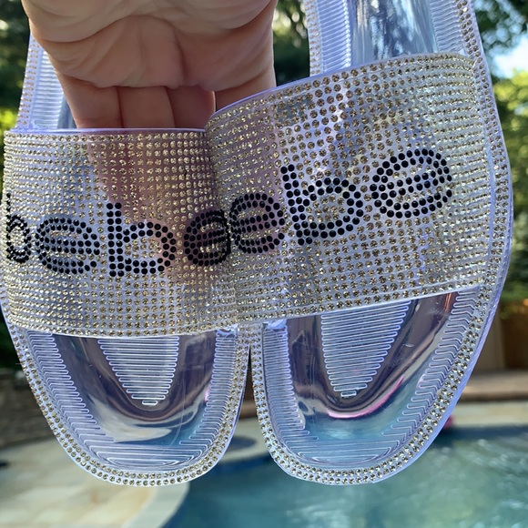 NWOT Bebe bling silver logo clear slide sandals. - Picture 6 of 10